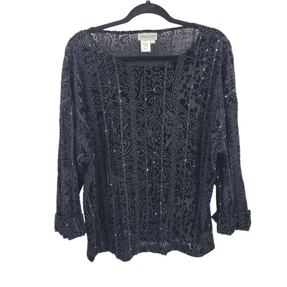 Vintage Coldwater Creek Blouse L Black Slinky Stretch Burnout Velour Embroidery - Picture 1 of 12